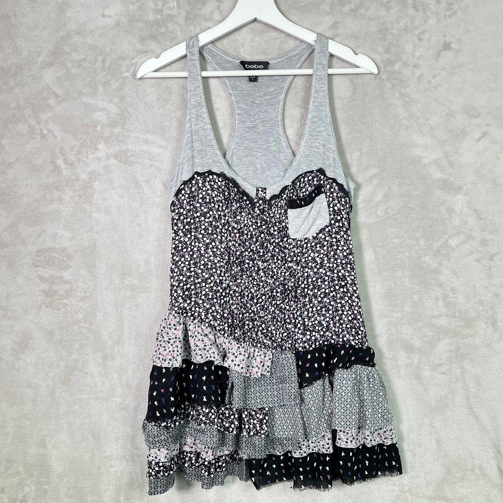 Bebe Babydoll Tunic Top Racerback Patchwork Ruffle Tank Mini Dress Size S